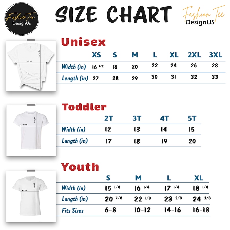 May include: A size chart for t-shirts, with measurements in inches. The chart includes sizes for Unisex, Toddler, and Youth, with width and length dimensions provided for each size. The text "SIZE CHART" is prominently displayed.
