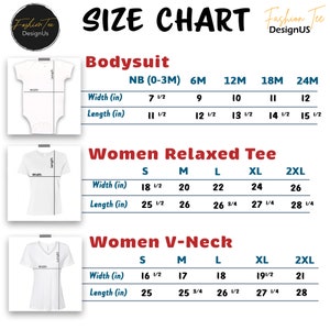 May include: Size chart for bodysuits, relaxed tees, and V-neck shirts. Measurements in inches are provided for width and length across various sizes, including NB (0-3M), 6M, 12M, 18M, 24M, S, M, L, XL, and 2XL.