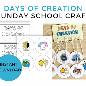 以下が含まれることがあります： 日曜学校用の印刷可能なクラフトで、創造の日のカラフルなイラストが描かれています。このクラフトには、「創造の日」と書かれたタイトルカードと、創造のそれぞれの日に対応する7つの個別の円が含まれています。円には、その日の番号と、その日に起こった出来事の簡単なイラストが描かれています。このクラフトは、子供たちに創造の物語を教えるための視覚的な教材として使用するために設計されています。