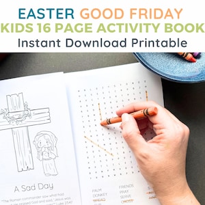 May include: An open activity book with the text "EASTER GOOD FRIDAY KIDS 16 PAGE ACTIVITY BOOK Instant Download Printable". The book features a cross illustration and a word search puzzle. An orange crayon is being used to solve the puzzle.