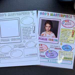 May include: A printable worksheet for kids with the title "God's Masterpiece" and the Bible verse "Psalm 139:14". The worksheet has a space for a photo, a space for a child to write their name, and several blank circles for the child to color in. The circles have words like "I am unique", "I am smart", and "I am helpful" written inside them.
