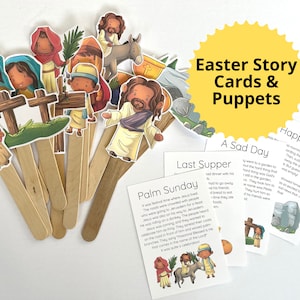 May include: A collection of Easter Story Cards & Puppets. The set includes illustrated characters on wooden sticks and story cards with text. The image features Jesus, disciples, and scenes from the Easter story.