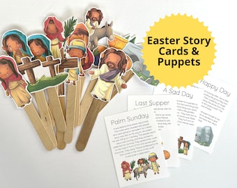 Easter Story Cards Christian Easter Story Resurrection Holy Week Palm Sunday Jesus is Alive Printable Easter Puppets Kids Sunday school game