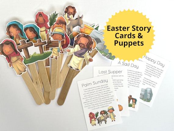 Easter Story Cards Christian Easter Story Resurrection Holy Week Palm Sunday Jesus is Alive Printable Easter Puppets Kids Sunday school game