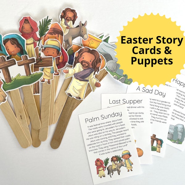 Easter Story Cards Christian Easter Story Resurrection Holy Week Palm Sunday Jesus is Alive Printable Easter Puppets Kids Sunday school game