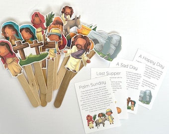 May include: A collection of illustrated religious figures on wooden sticks, including Jesus, disciples, and crosses. Accompanying cards detail events like Palm Sunday and the Last Supper. The illustrations are colorful and cartoon-like.