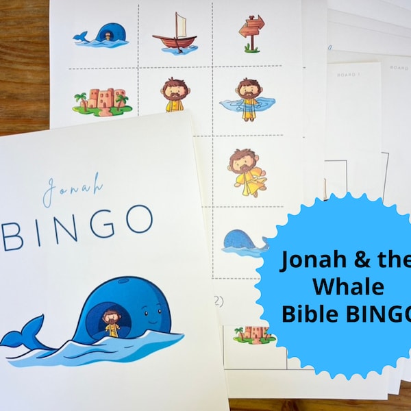 Jonah und der Wal Spiel Sonntagsschule Bibelgeschichte Bingo Druckbares Bingo für Sonntagsschule Jonah und der große Fisch Aktivitäten für Grundschüler