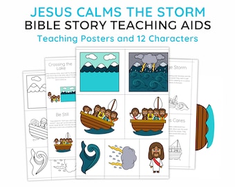Jesus acalma a tempestade, pôster de ensino da história bíblica, personagens bíblicos do milagre de Jesus, lição de Jesus acalma a tempestade para professores da escola dominical, pré-escola