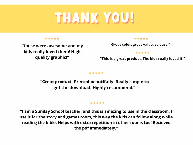 May include: A collection of positive customer reviews for a product. The reviews highlight the product's quality, ease of use, and value. The reviews are displayed on a yellow background with the text "THANK YOU!" at the top.