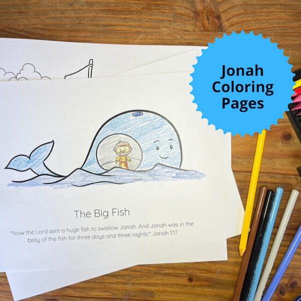 Jonah and the Whale Coloring Page Set of Four Jonah and the Big Fish Activity Jonah Coloring Page for Kid Sunday School Color Page Printable