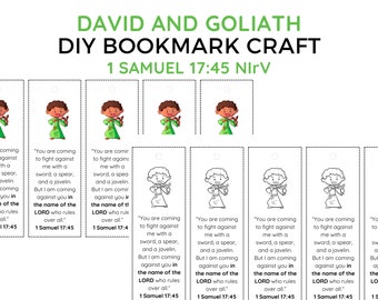 May include: A printable bookmark craft featuring a cartoon illustration of David and Goliath. The bookmark includes the Bible verse 1 Samuel 17:45, "You are coming to fight against me with a sword, a spear, and a javelin. But I am coming against you in the name of the LORD who rules over all."