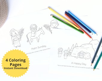子供向けイースターぬり絵ページセット、印刷可能なぬり絵シート、イースタークラフト、聖週間アクティビティページ、子供向けパームサンデークラフト