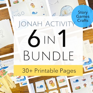 Manualidad de la historia bíblica de Jonás Juego de Jonás y la ballena para niños Escuela dominical Paquete de actividades de Jonás y el pez grande Juego bíblico preescolar imprimible