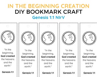 Days of Creation Bible Verse Bookmark Genesis 1:1 Scripture Memory for Kid Church Class In the Beginning Verse DIY Craft Memory Activity