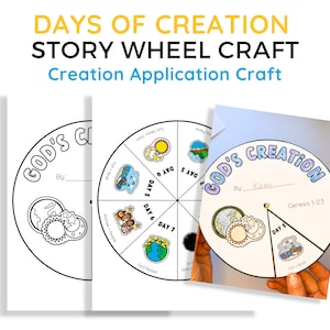 May include: A printable craft activity for children to learn about the days of creation. The craft includes a wheel with seven sections, each representing a day of creation. The wheel is labelled with the days of the week and includes illustrations of the events of each day. The craft also includes a blank space for the child to write their name.