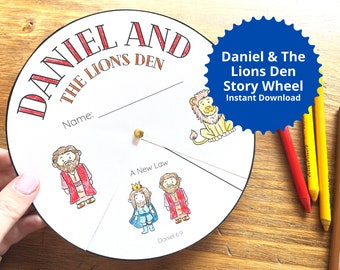 May include: A printable story wheel for children featuring Daniel and the Lion's Den. The wheel has a lion, Daniel, and a king. The wheel is white with black outlines and red and blue accents. The text on the wheel says "Daniel and the Lion's Den" and "A New Law".