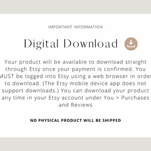 May include: A digital download announcement with the text "Digital Download" and an icon of a downward-pointing arrow. The text explains how to download the product after purchase and states that no physical product will be shipped.