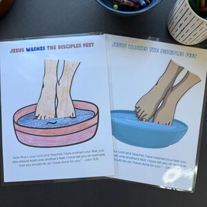 May include: Two printable coloring pages with the text "Jesus washes the disciples feet". Each page features a cartoon illustration of a foot bath with feet in the water. The text below the image includes a Bible verse from John 13:15.