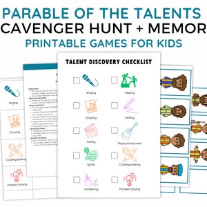 May include: Printable games for kids featuring a scavenger hunt and memory game based on the Parable of the Talents. Includes a talent discovery checklist with illustrations of singing, drawing, and other activities, plus matching cards.