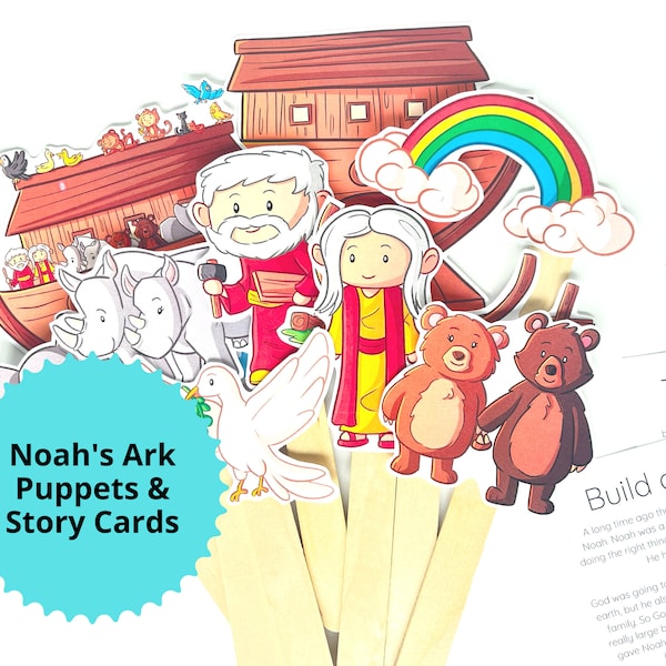 Noahs Ark Story Cards Christian Kid Bible Story Activity Printable Sunday School Puppets Kids Sunday school craft DIY story puppets for kid
