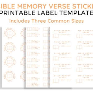 Puede incluir: Plantillas de pegatinas imprimibles para versículos bíblicos para memorizar, disponibles en tres tamaños comunes. Las pegatinas presentan un diseño sencillo de un libro abierto con el texto "Bible Memory Verse" y "I Memorized".