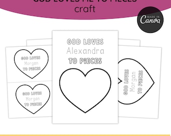 May include: A printable craft activity for kids. The image shows a heart-shaped outline with the text "God Loves [Name] To Pieces". The text is in a dotted font style, suggesting that the child can trace the letters.