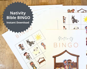 Nativity Bingo Game Printable Nativity Bible Bingo Christmas Nativity themed Bingo cards for children Sunday school Nativity Bingo set