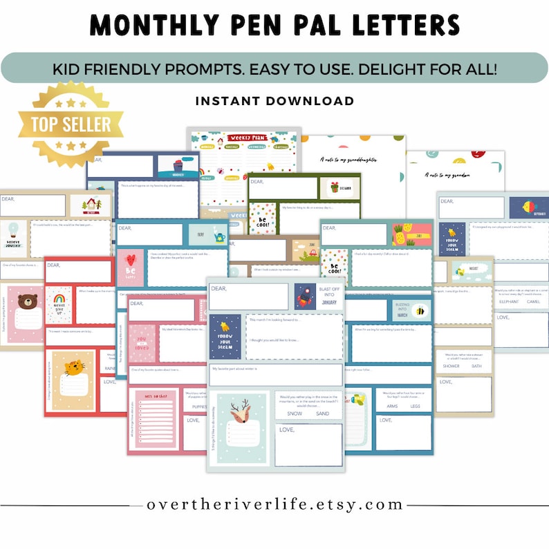 Shown is a creative letter writing kit for kids with a grandparent penpal kit.