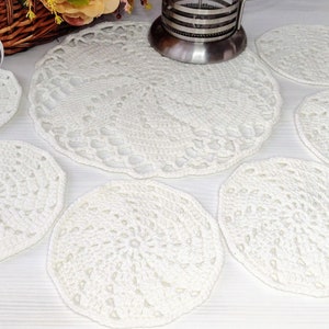 Crochet coasters set of 6+1 Hand-crocheted coasters made of knitted with acrylic yarn Crochet table decor  Hand crocheted tea coasters set