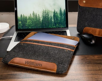 Personalized Real Leather Fleece Sleeve Bag for MacBook Pro Air, 16 Inch, 14 Inch, 13 Inch, MacBook Case, iPad Air 10.9" Pro 12.9‑inch