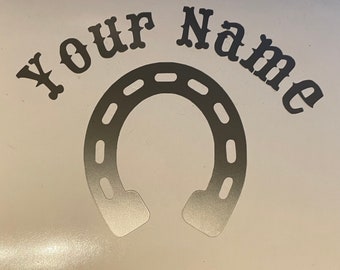 Horseshoe with Name Text - Vinyl Decal - Cars, windows, walls, bumper sticker, etc. Horse, Stallion