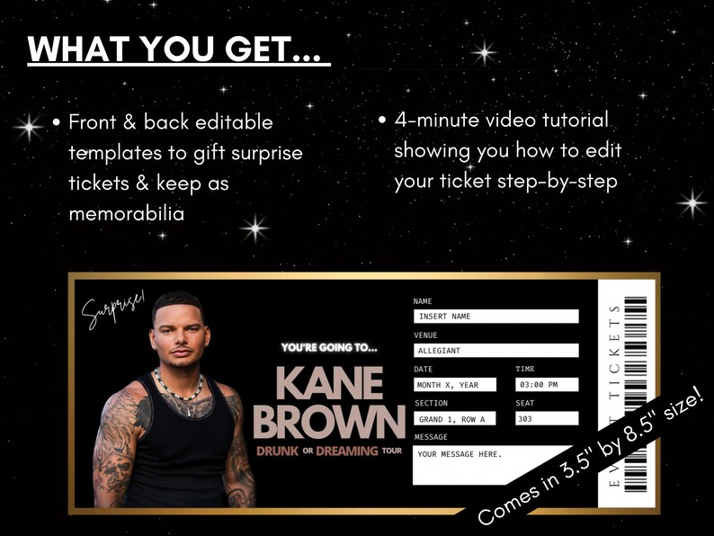 Kane Brown Concert Ticket Template Drunk or Dreaming Tour Editable ...