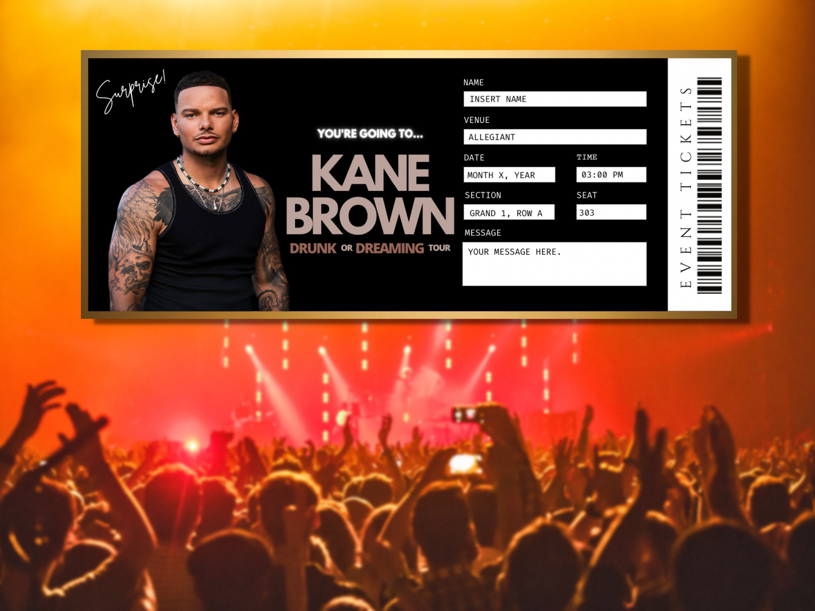 Kane Brown Concert Ticket Template Drunk or Dreaming Tour Editable