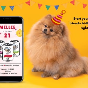 K&ouml;nnte beinhalten: Eine digitale Einladung zu einer Hundegeburtstagsparty zum 21. Geburtstag. Die Einladung zeigt ein Foto eines Hundes, der eine Partym&uuml;tze tr&auml;gt, und einen Text&uuml;berlagerung mit der Aufschrift "MILLIE wird 21". Die Einladung enth&auml;lt auch ein Datum und eine Uhrzeit f&uuml;r die Party sowie eine Adresse.