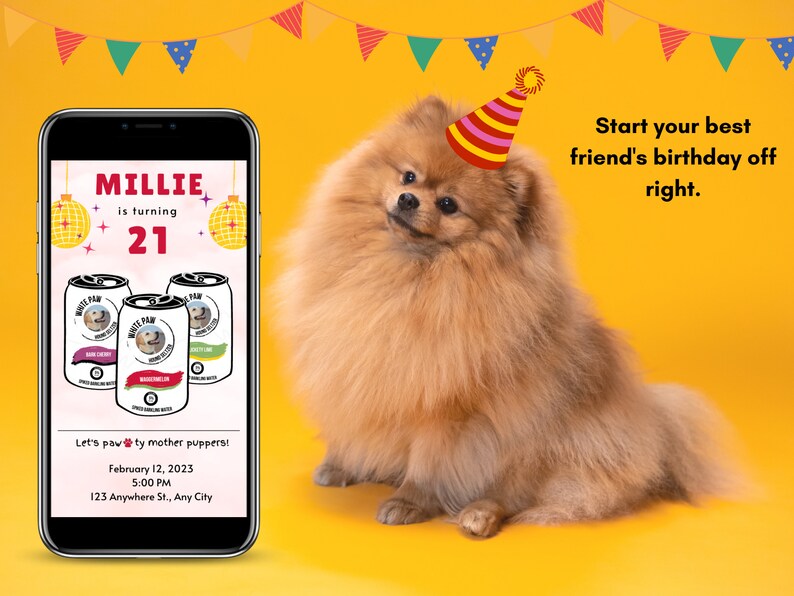 K&ouml;nnte beinhalten: Eine digitale Einladung zu einer Hundegeburtstagsparty zum 21. Geburtstag. Die Einladung zeigt ein Foto eines Hundes, der eine Partym&uuml;tze tr&auml;gt, und einen Text&uuml;berlagerung mit der Aufschrift "MILLIE wird 21". Die Einladung enth&auml;lt auch ein Datum und eine Uhrzeit f&uuml;r die Party sowie eine Adresse.