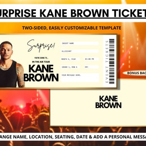 Kane Brown Konzert Ticket Vorlage | In der Luft Tour | Bearbeitbare Canva Ticket Vorlage | Surprise Event Country Music Geschenke für Ihn Personal