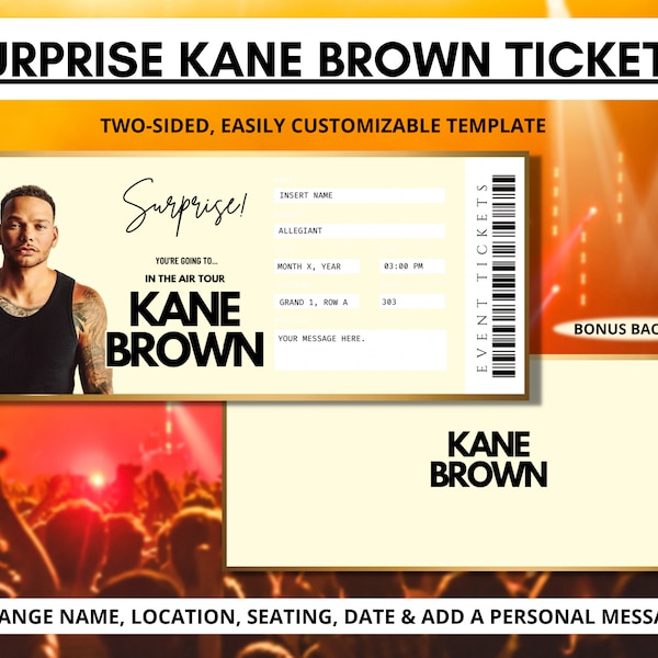 Kane Brown Concert Ticket Template | In The Air Tour | Editable Canva Ticket Template | Surprise Event Country Music Gifts For Him Personal