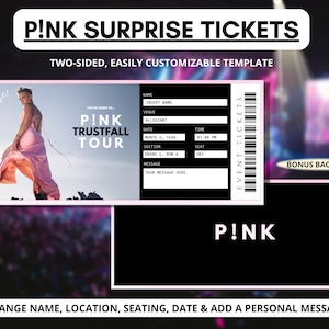 Surprise Pink Konzertkarten | Pink Trustfall Tour Tickets Bearbeitbare Vorlage | Überraschungsevent | Druckbare Geschenke für sie rosa Konzertkarte