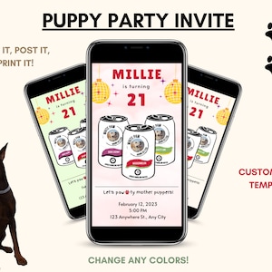 Fête de chien disco | Invitation 21 anniversaire | Invitations de fête de chiot | Fête d'anniversaire de chien | Chien de 3 ans | Invitation routinière | Chien de carte de fête amusant
