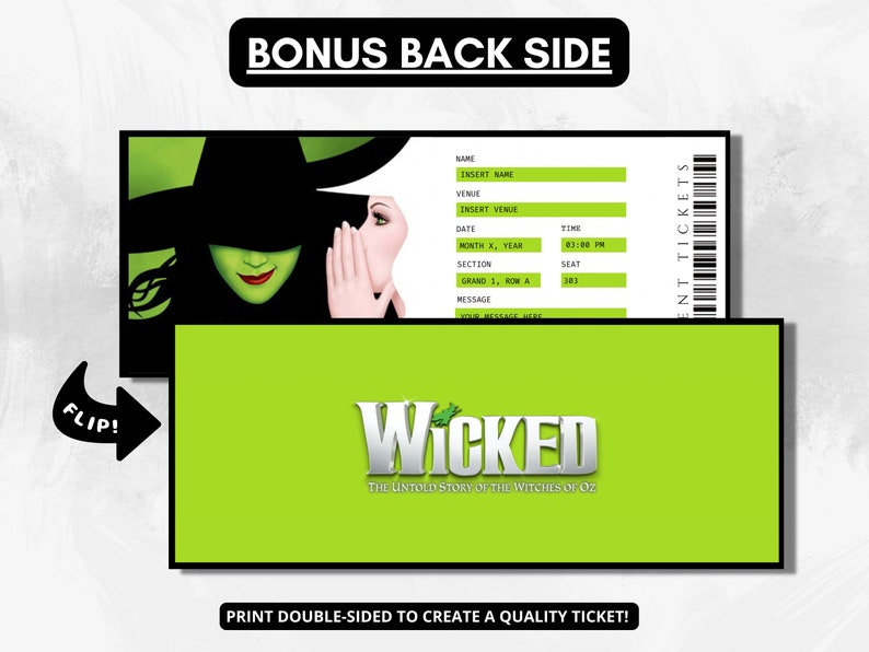 Wicked Ticket Template Wicked the Musical Concert Ticket Etsy