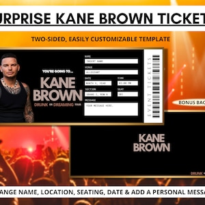 Kane Brown Konzert Ticket Vorlage | Drunk Or Dreaming Tour | Bearbeitbare Canva Ticket Vorlage | Überraschungsevent | Country Musik Geschenke für Ihn