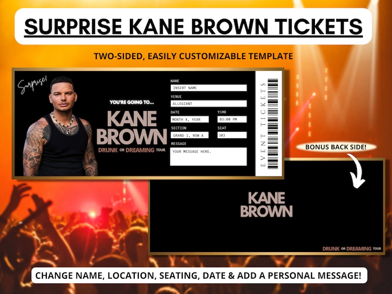 Kane Brown Concert Ticket Template Drunk or Dreaming Tour Editable