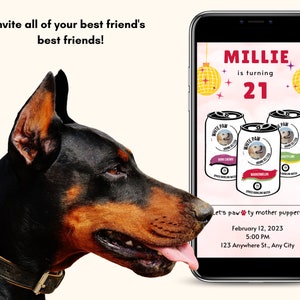 K&ouml;nnte beinhalten: Eine digitale Einladung zu einer 21. Geburtstagsfeier mit Hundethema. Die Einladung zeigt ein Foto eines Hundes mit dem Text "Millie wird 21" und einer Grafik von Discokugeln. Die Einladung enth&auml;lt auch den Text "Let's pawty mother puppers!" sowie Datum und Uhrzeit der Party.