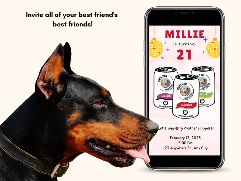 K&ouml;nnte beinhalten: Eine digitale Einladung zu einer 21. Geburtstagsfeier mit Hundethema. Die Einladung zeigt ein Foto eines Hundes mit dem Text "Millie wird 21" und einer Grafik von Discokugeln. Die Einladung enth&auml;lt auch den Text "Let's pawty mother puppers!" sowie Datum und Uhrzeit der Party.
