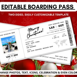 Modelo de cartão de embarque EDITÁVEL | Surpresa do cartão de embarque | Feliz Natal | Bilhete de Viagem de Natal | Presentes de Natal | Cartões de Natal