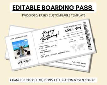 May include: Editable printable boarding pass template with a photo of a person on a beach. The text on the pass says "Happy Birthday!" and "LAX > GGT".