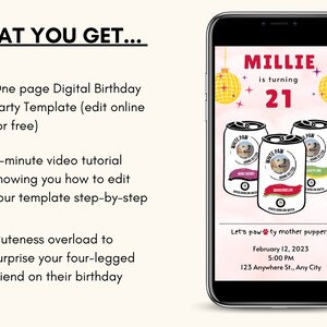 K&ouml;nnte beinhalten: Eine digitale Geburtstagseinladung f&uuml;r einen Hund namens Millie, der 21 Jahre alt wird. Die Einladung hat einen rosa Hintergrund mit Disco-Kugel-Grafiken und ein Foto von Millie mit drei Dosen "White Paw"-Sprudelwasser. Der Text "Let's pawty mother puppers!" ist zusammen mit Datum, Uhrzeit und Ort der Party enthalten.
