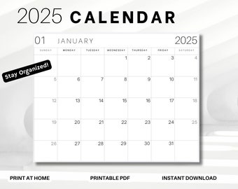 Calendário 2025 Planejador Mensal 2025 Paisagem Calendário Mensal Minimalista 2025 Calendário Elegante A4 Tamanho Carta Calendário de Parede PDF PARA IMPRIMIR