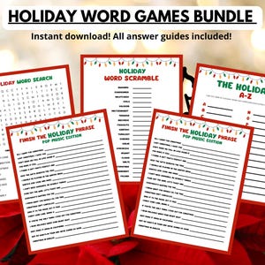 May include: A bundle of holiday-themed word games, including a word search, word scramble, and phrase completion puzzles. The games are printed on red and white paper with festive Christmas lights and text that reads "Holiday Word Games Bundle".