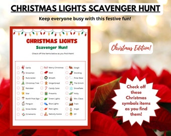 Caça ao tesouro com luzes de Natal para impressão, caça ao tesouro ao ar livre, jogo de luzes de férias, atividade de Natal para crianças e família, atividade de inverno